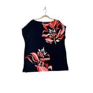 Chico's size 3X navy/orange floral bright cap sleeve liquid knit top travel